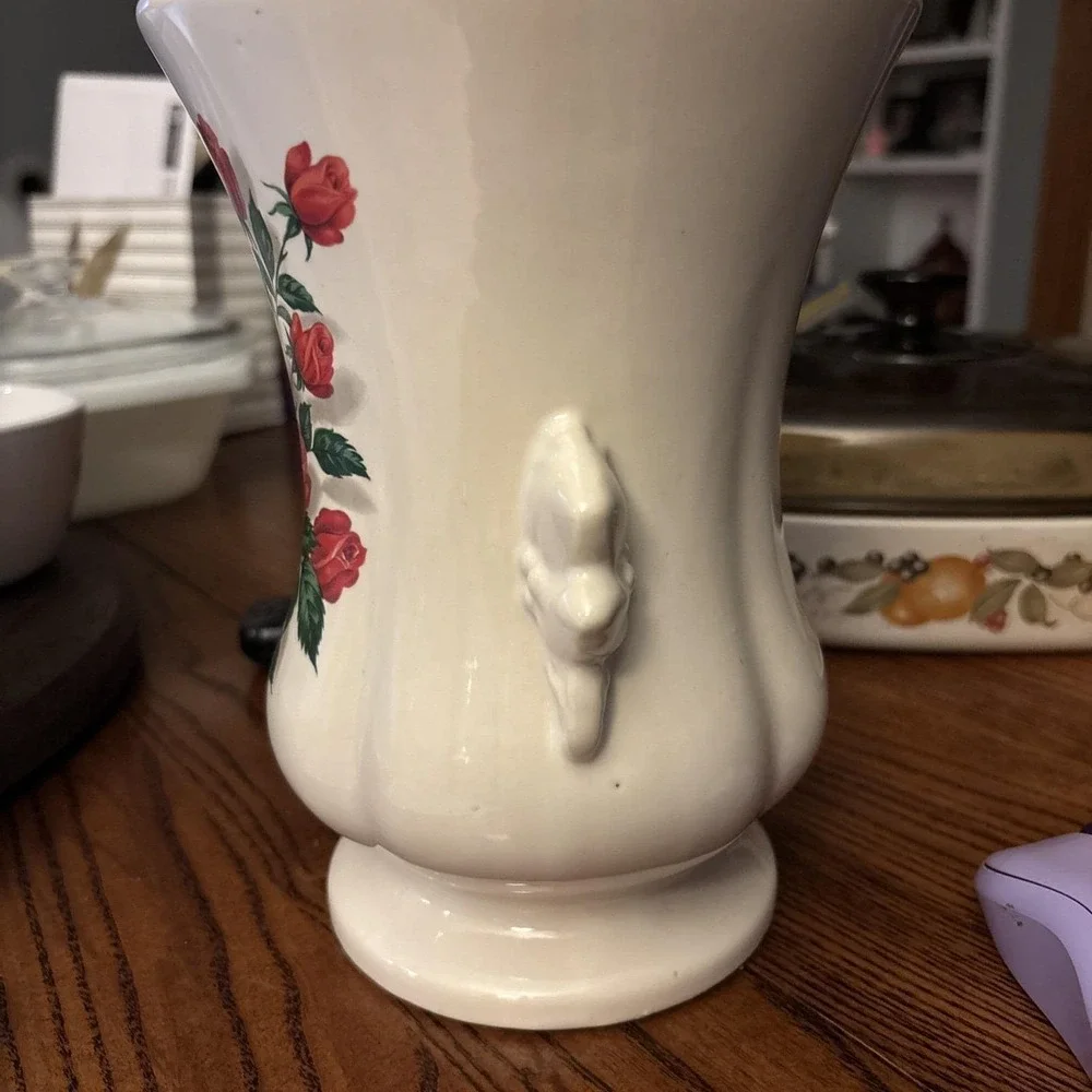 Vintage McCoy Pottery Vase with Red Roses and Double Handles Stunning Piece 8 in